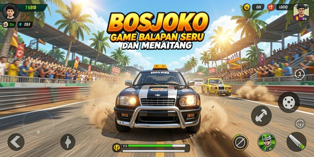 Tampilan gameplay seru di BOSJOKO dengan aksi balapan yang mendebarkan.