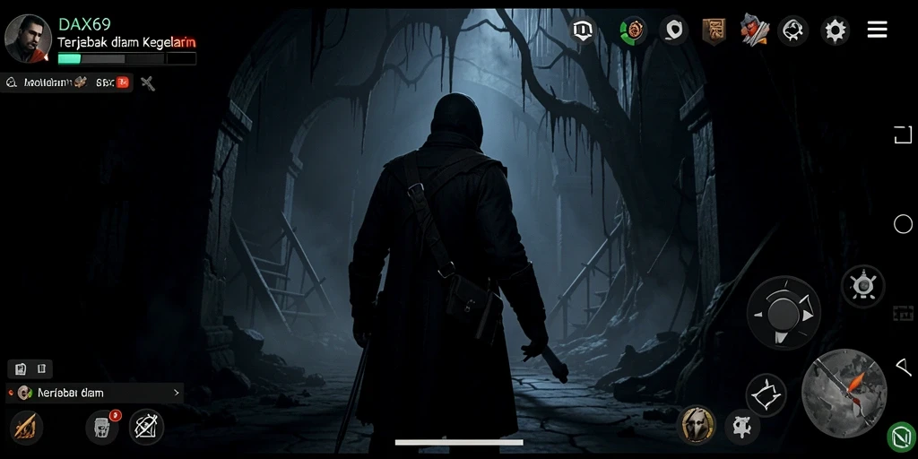 Screenshot gameplay DAX69 menampilkan suasana kegelapan yang mencekam.