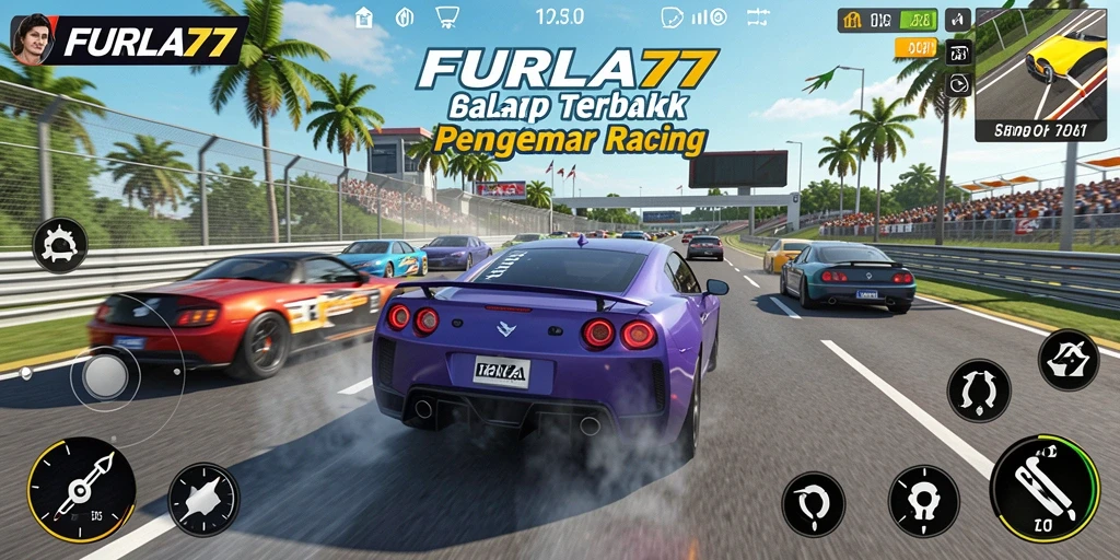 Screenshot utama FURLA77 menampilkan aksi balapan luar biasa dengan mobil kencang.