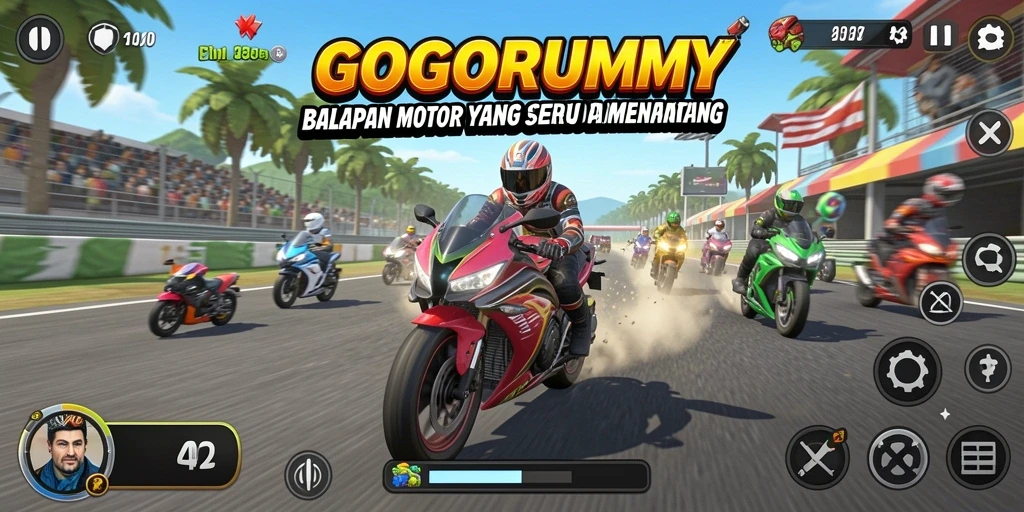 Screenshot gameplay GOGORUMMY dengan balapan motor yang dinamis dan seru.