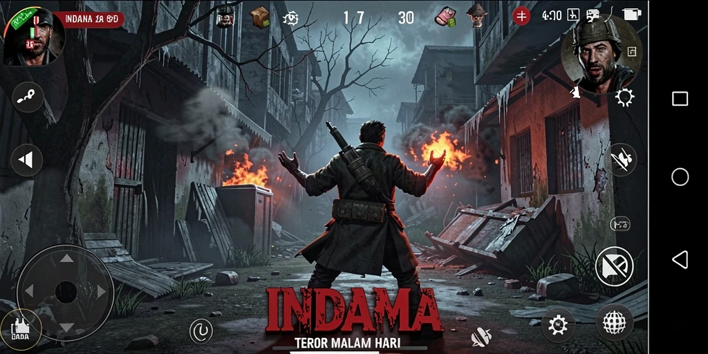 Screenshot gameplay INDAAA yang menampilkan suasana menyeramkan dan makhluk mengerikan.