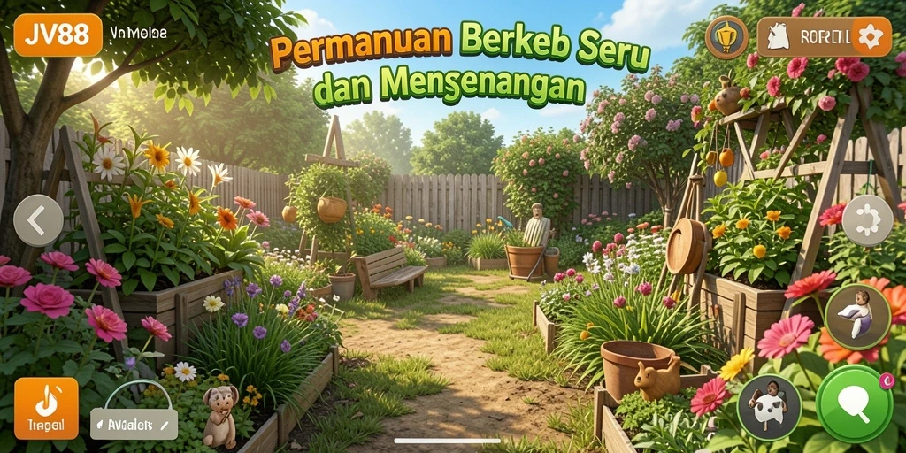 Screenshot utama JV88 menunjukkan aktivitas bertani yang seru dan interaksi sosial antar pemain.