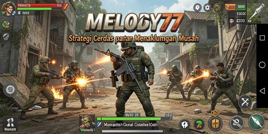 Tampilan gameplay MELODY77 yang menampilkan pertempuran strategi intens.
