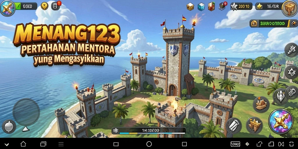 Screenshot permainan MENANG123 menampilkan aksi pertahanan menara yang mendebarkan.