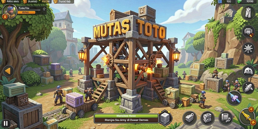 Tangkapan layar gameplay MUTASITOTO menunjukkan pertahanan menara yang menegangkan.