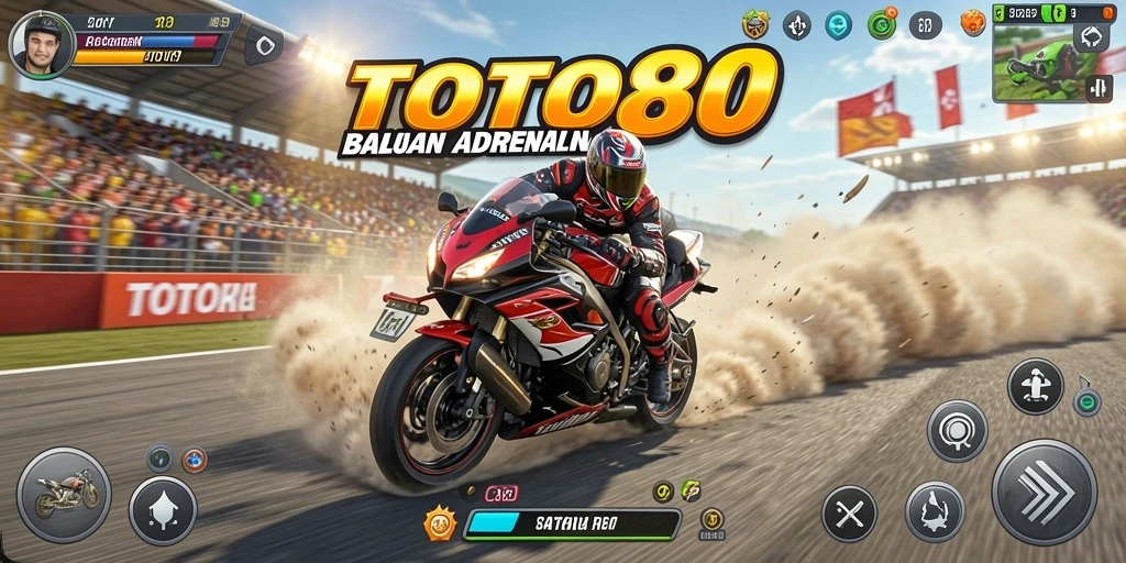 Screenshot game TOTO80 menampilkan aksi balapan motor yang intens.
