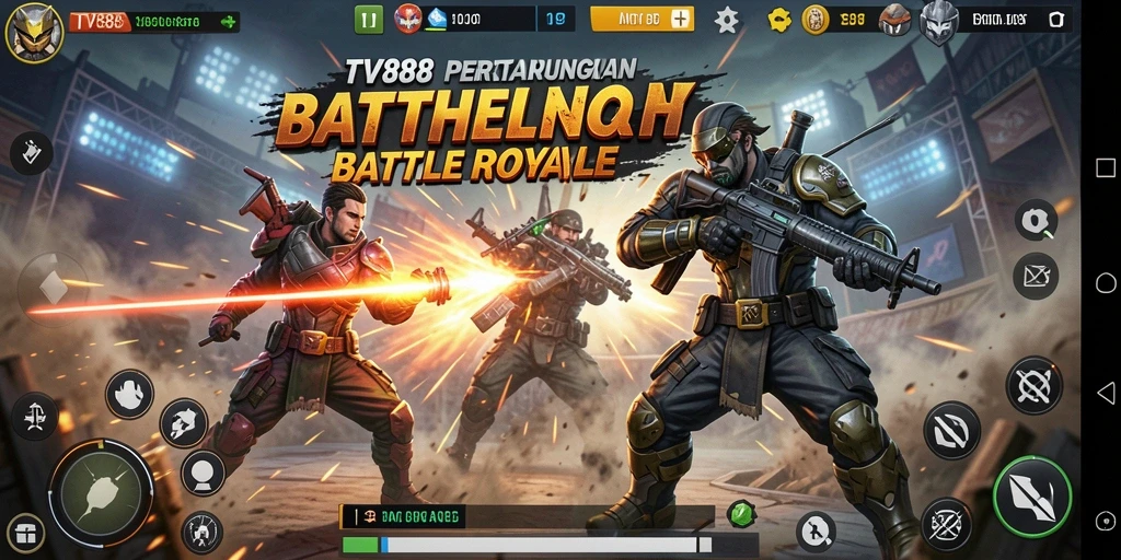 Screenshot gameplay TV888 menampilkan aksi Battle Royale yang mendebarkan.